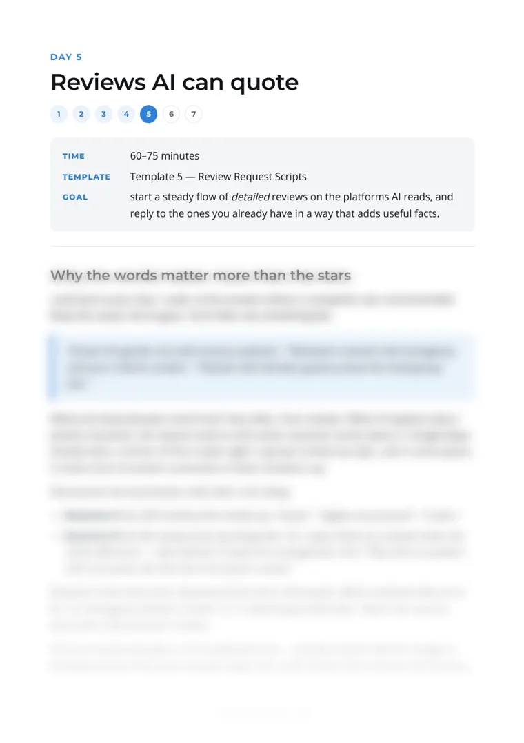 First page of Day 5, Reviews AI can quote